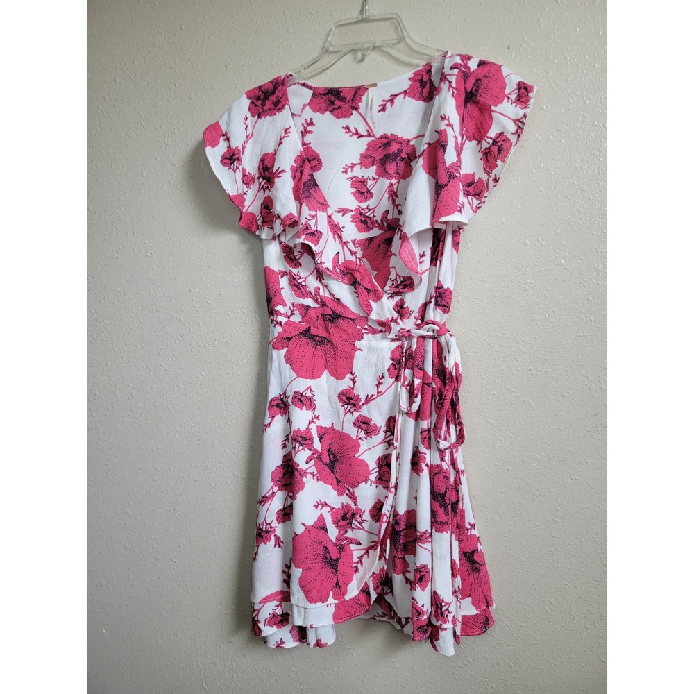 Free People Pink White Floral Ruffle Wrap Mini Dress Womens Small